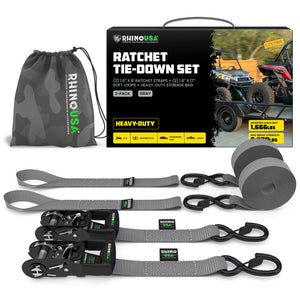 Rhino USA Heavy Duty Ratchet Tie-Downs 2-Pack (Gray) 1.6In X 8Ft | HDKIT-2PK-GRY