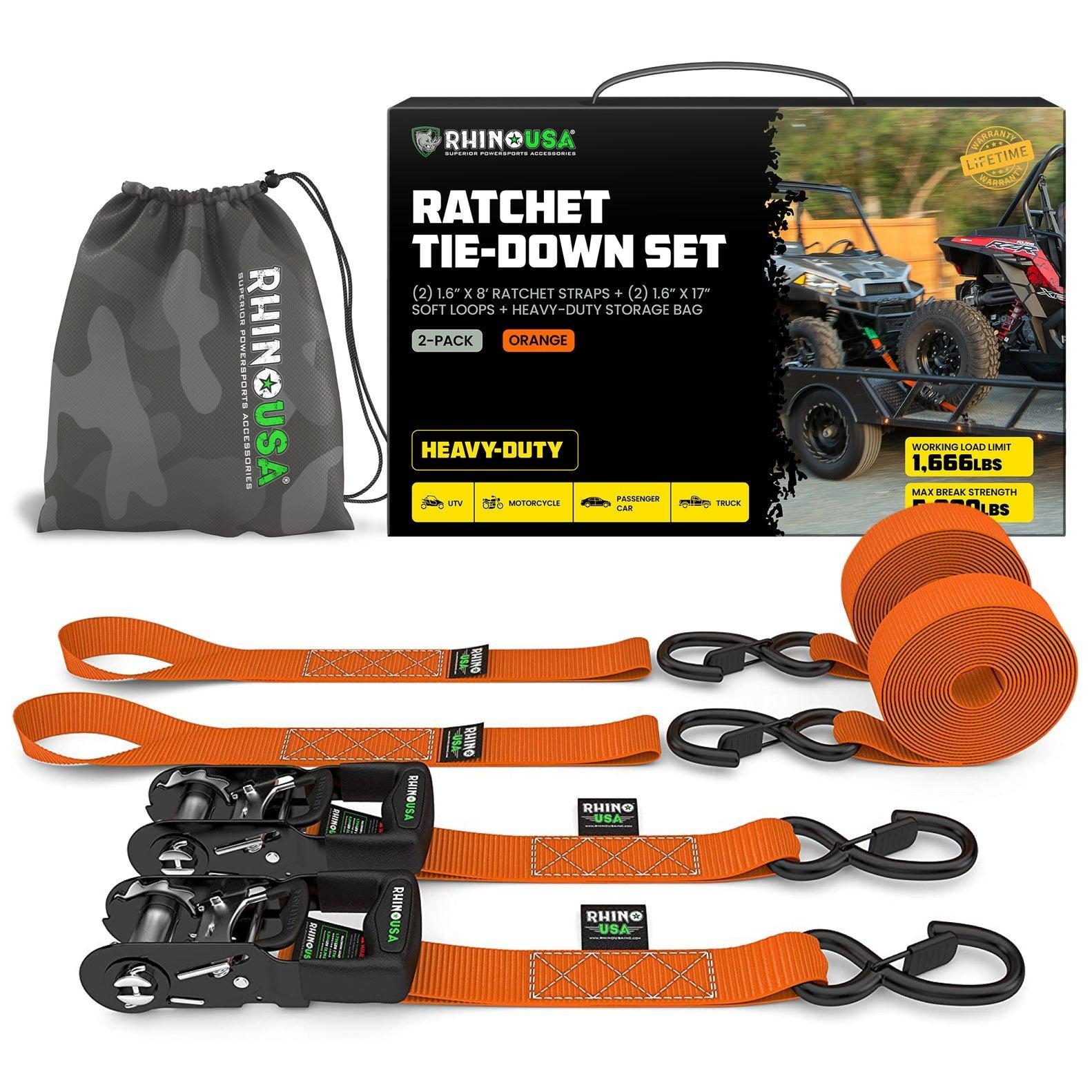 Rhino USA Heavy Duty Ratchet Tie-Downs 2-Pack (Orange) 1.6In X 8Ft | HDKIT-2PK-ORG
