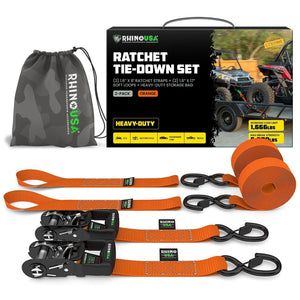 Rhino USA Heavy Duty Ratchet Tie-Downs 2-Pack (Orange) 1.6In X 8Ft | HDKIT-2PK-ORG