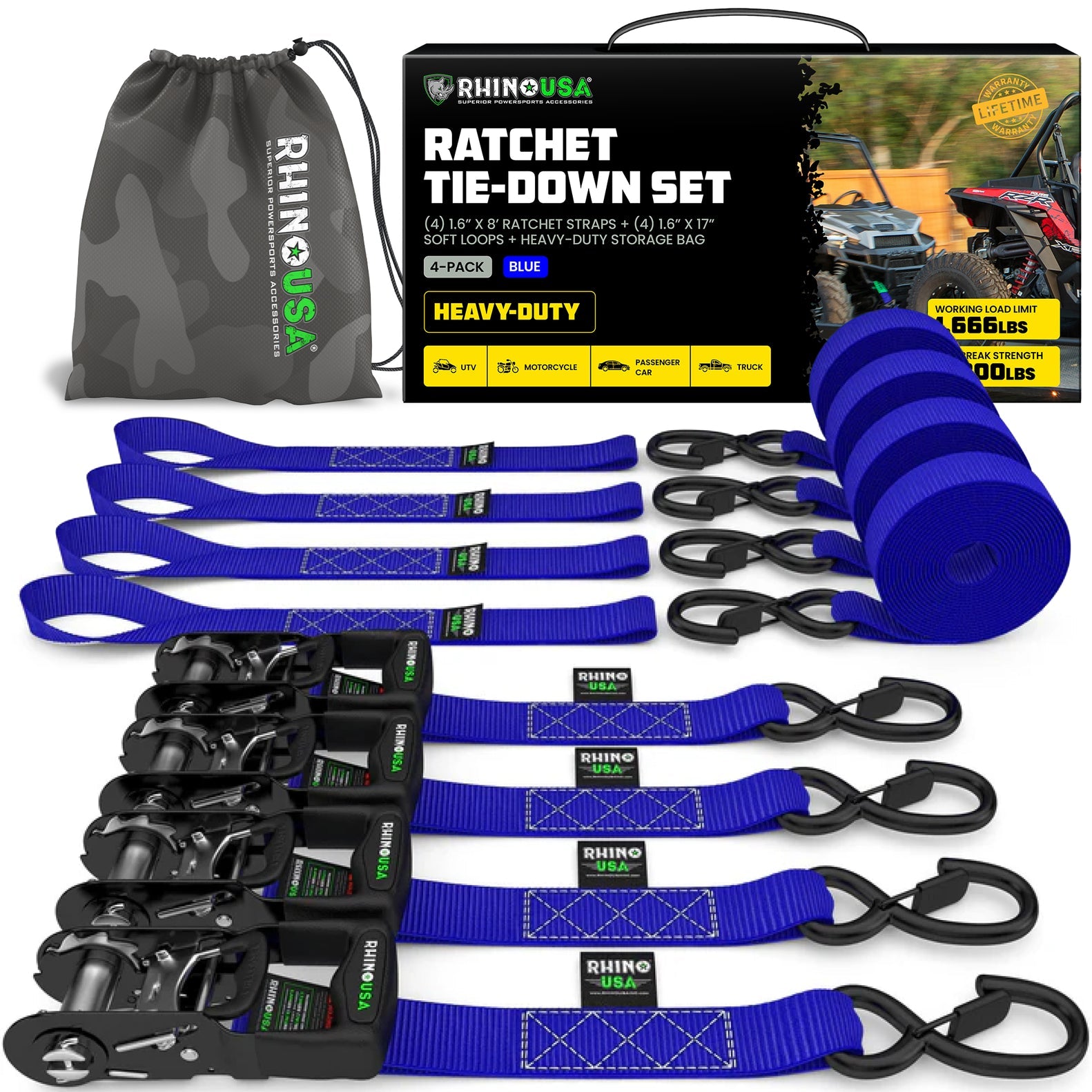 Rhino USA Heavy Duty Ratchet Tie-Down 4-Pack (Blue) 1.6In X 8Ft | HDKIT-4PK-BLU
