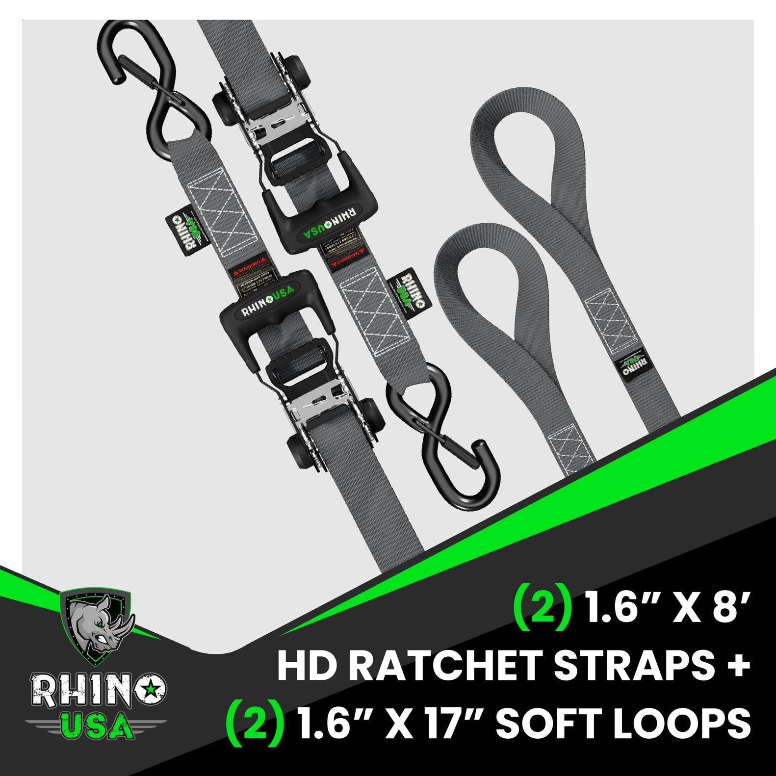 Rhino USA Heavy Duty Ratchet Tie-Downs 2-Pack (Gray) 1.6In X 8Ft | HDKIT-2PK-GRY