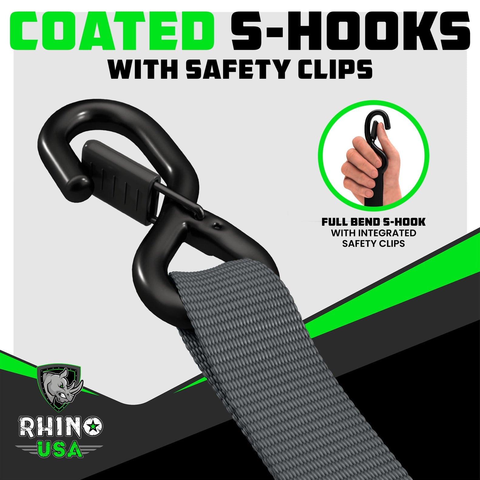 Rhino USA Heavy Duty Ratchet Tie-Downs 2-Pack (Gray) 1.6In X 8Ft | HDKIT-2PK-GRY