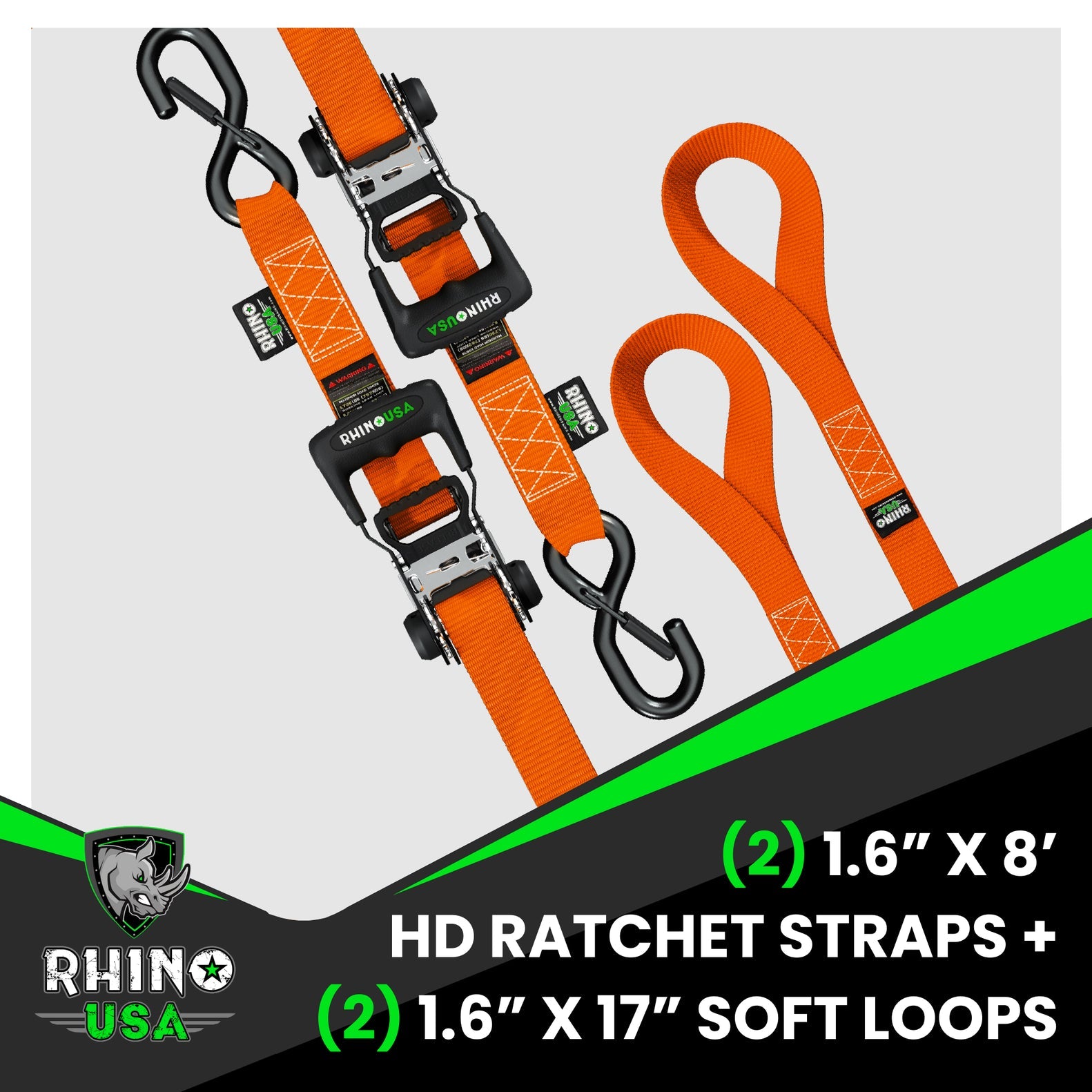 Rhino USA Heavy Duty Ratchet Tie-Downs 2-Pack (Orange) 1.6In X 8Ft | HDKIT-2PK-ORG