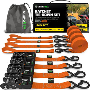 Rhino USA Heavy Duty Ratchet Tie-Down 4-Pack (Orange) 1.6In X 8Ft | HDKIT-4PK-ORG
