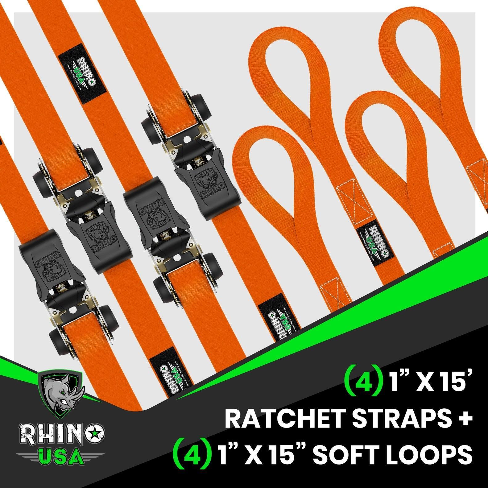 Rhino USA Medium Duty Ratchet Strap Tie-Down 4-Pack (Orange)| RCHT-4PACK-ORG