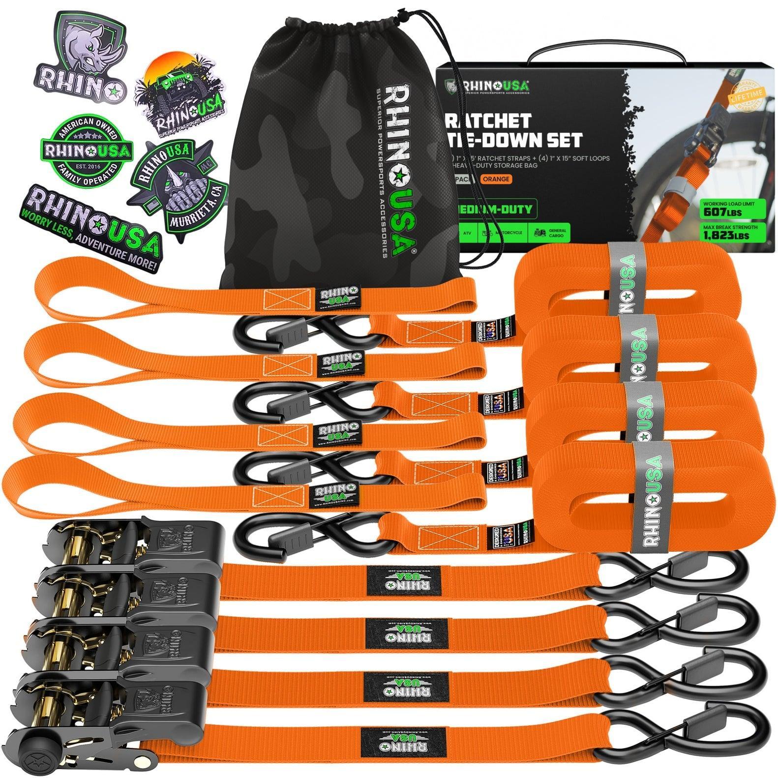 Rhino USA Medium Duty Ratchet Strap Tie-Down 4-Pack (Orange)| RCHT-4PACK-ORG