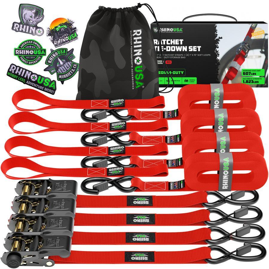 Rhino USA Medium Duty Ratchet Strap Tie-Down 4-Pack (Red) | RCHT-4PACK-RED