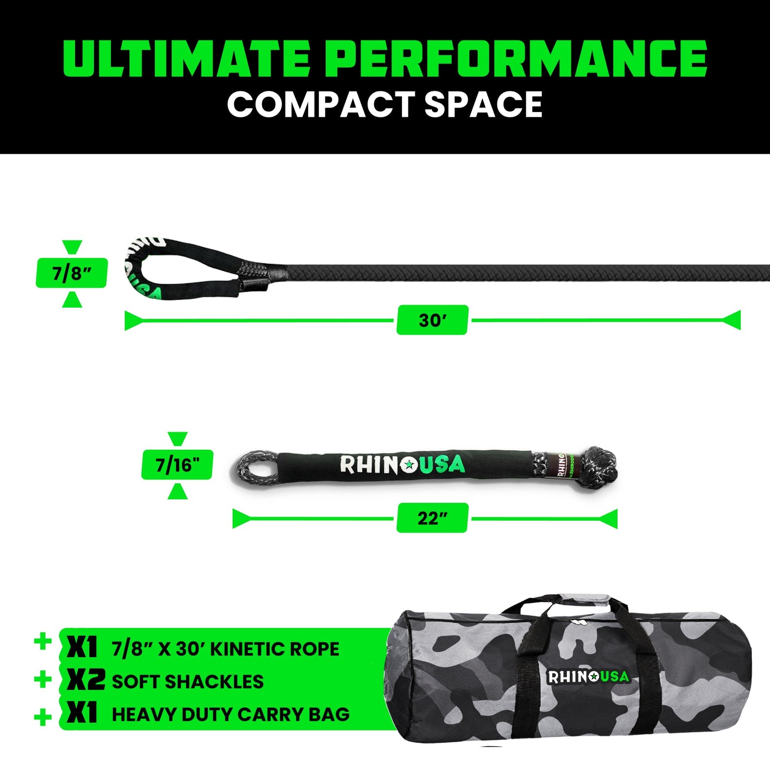 Rhino USA Kinetic Energy Recovery Rope (1.25In X 30Ft) Black | KROPE-1.25X30-BLK