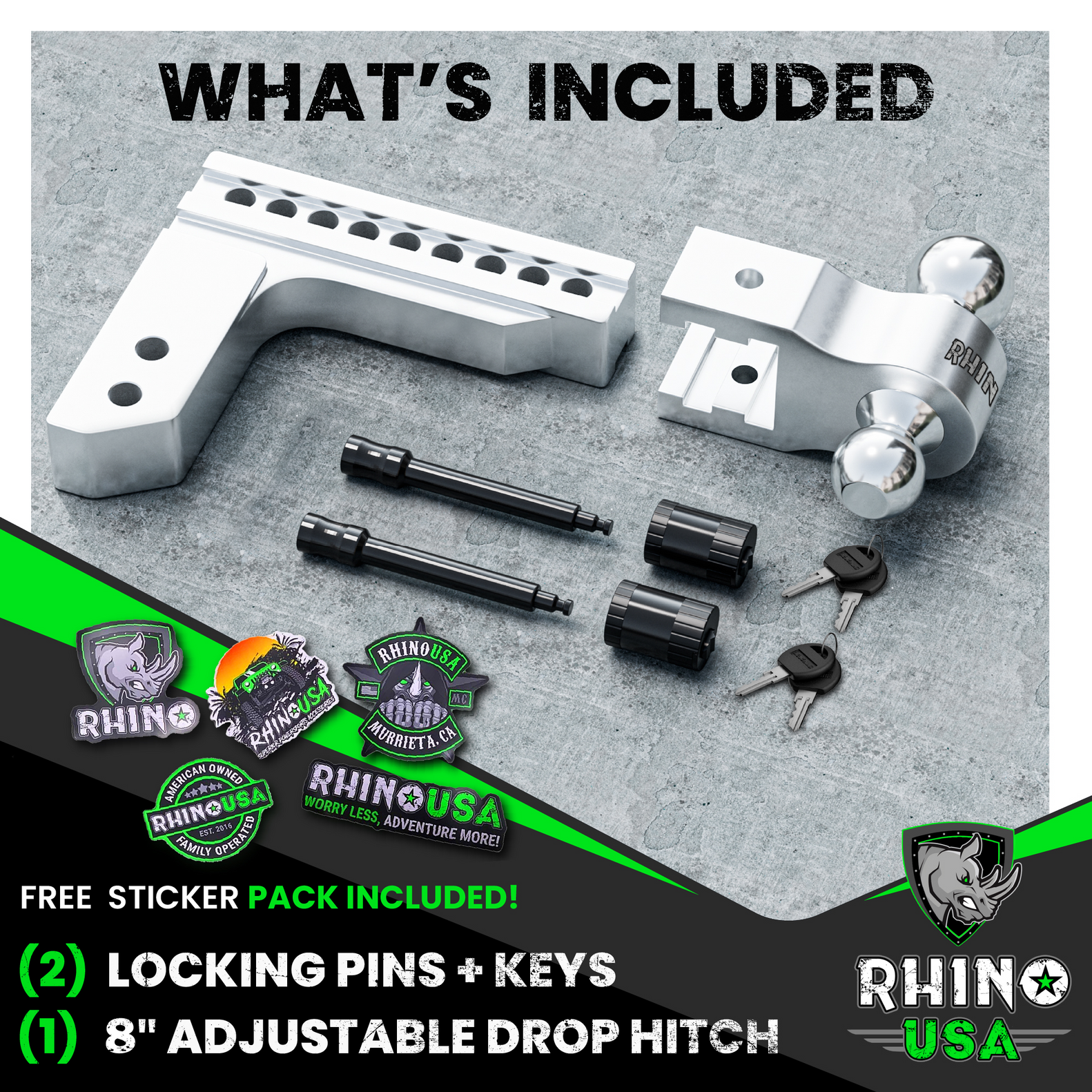 Rhino USA 8In Heavy Duty Drop Hitch - 2In (Silver) | RG-HTDROP28-SVR