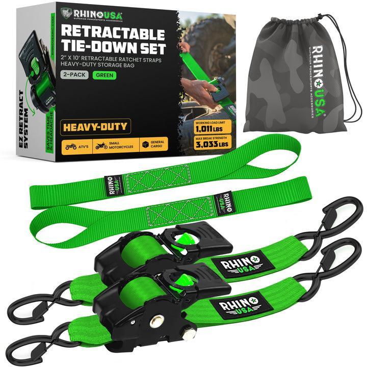 Rhino USA Retractable Ratchet Straps (2Pk 2Inx10Ft) (Green) | TD-RSRE2X10-GRN-R