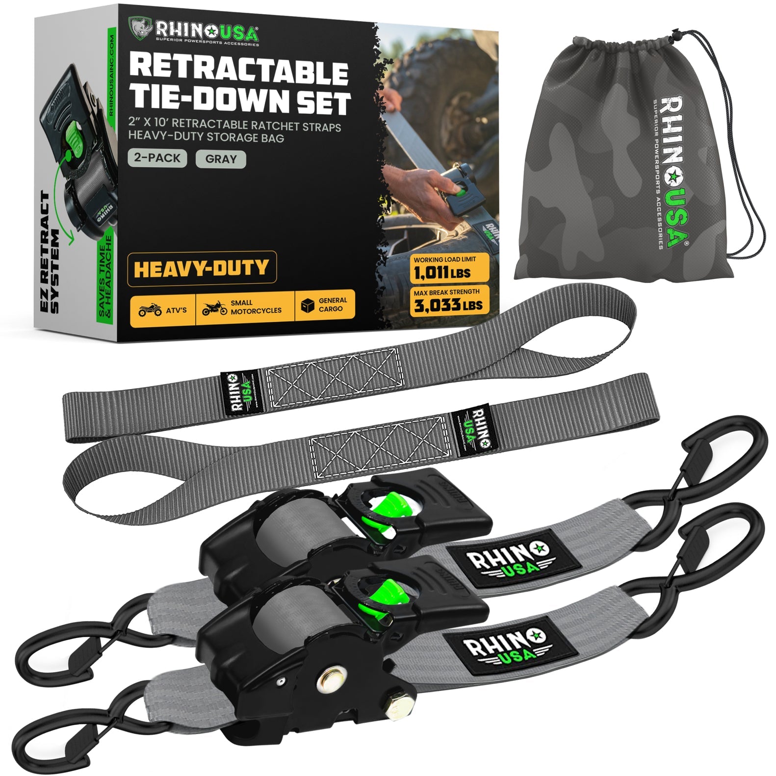 Rhino USA Retractable Ratchet Straps (2Pk 2Inx10Ft) (Gray) | TD-RSRE2X10-GRY-R