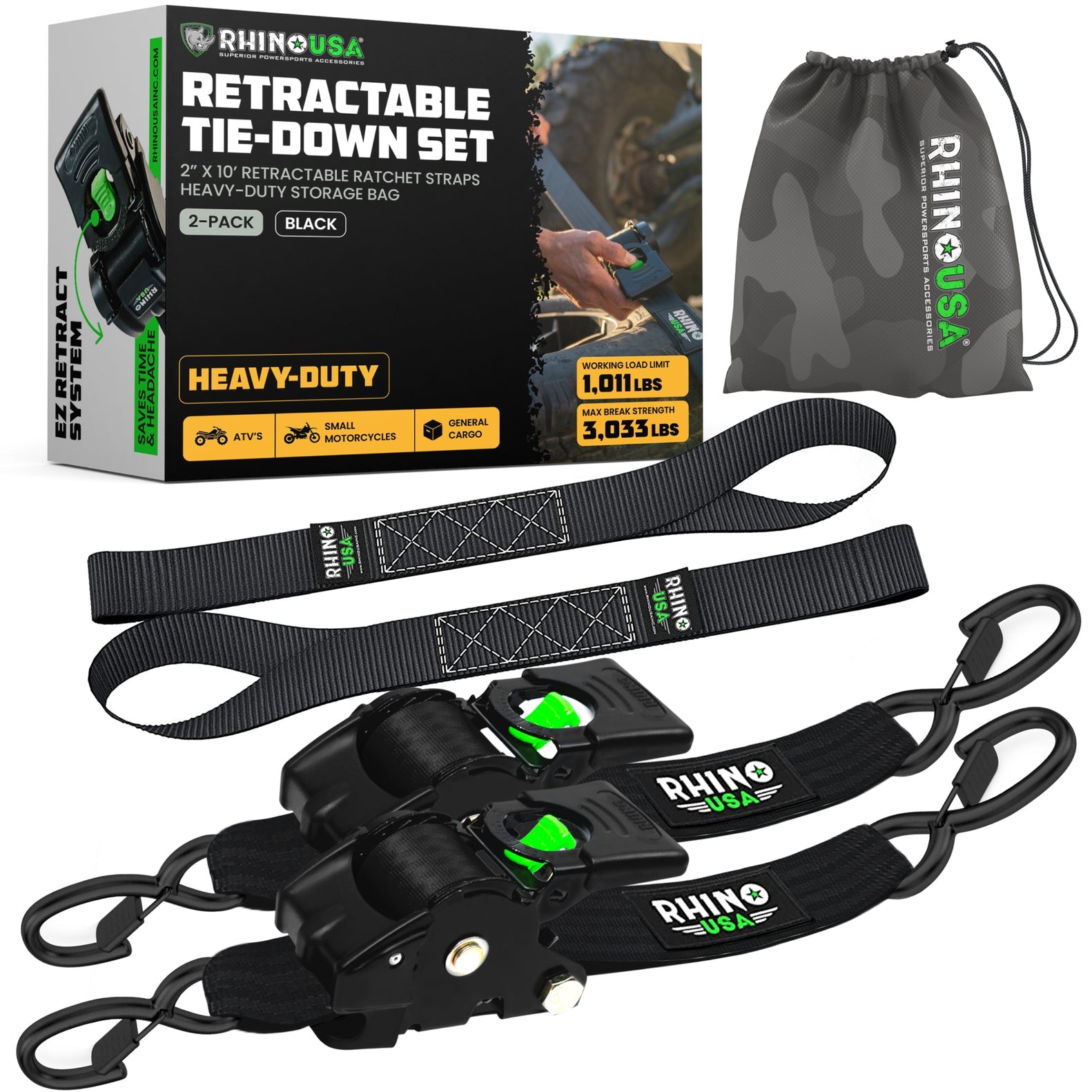 Rhino USA Retractable E-Track Ratchet Straps (2 Pack, 2Inx10Ft) (Black) | TD-RSRE2X10-ETRK-BLK