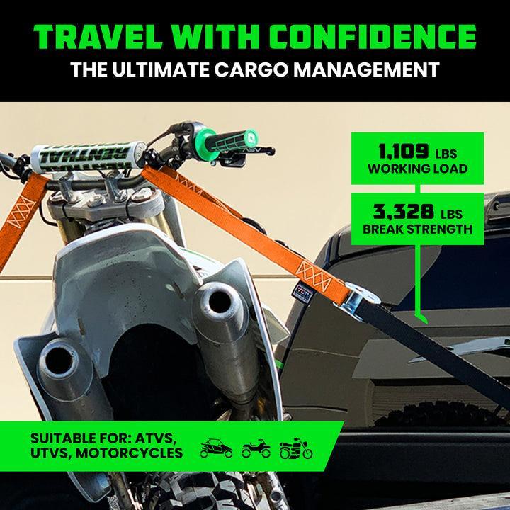 Rhino USA Cambuckle Motorcycle Tiedown Straps 2-Pack (Orange) 1.5In X 8Ft | RNO-CAMSOFT-ORG