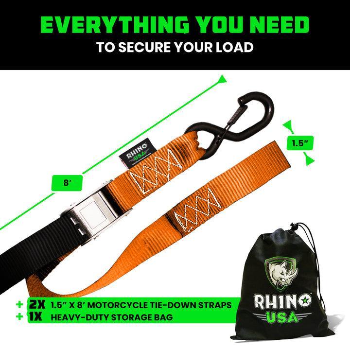 Rhino USA Cambuckle Motorcycle Tiedown Straps 2-Pack (Orange) 1.5In X 8Ft | RNO-CAMSOFT-ORG