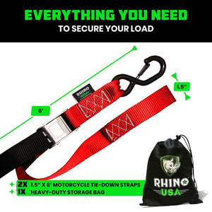 Rhino USA Cambuckle Motorcycle Tiedown Straps 2-Pack (Red) 1.5In X 8Ft | RNO-CAMSOFT-RED