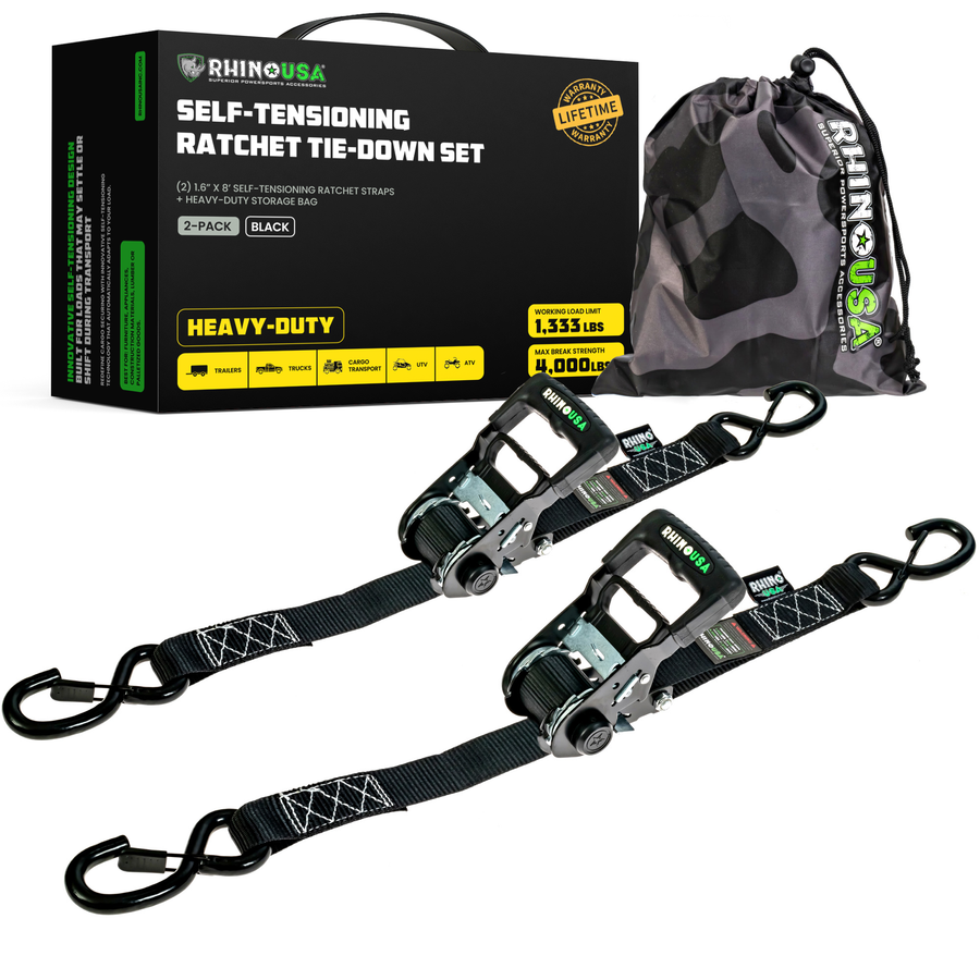 Rhino USA Self-Tensioning Ratchet Straps (2Pk 1.6Inx8Ft) (Black) | TD-RSST-16X8-2BLK