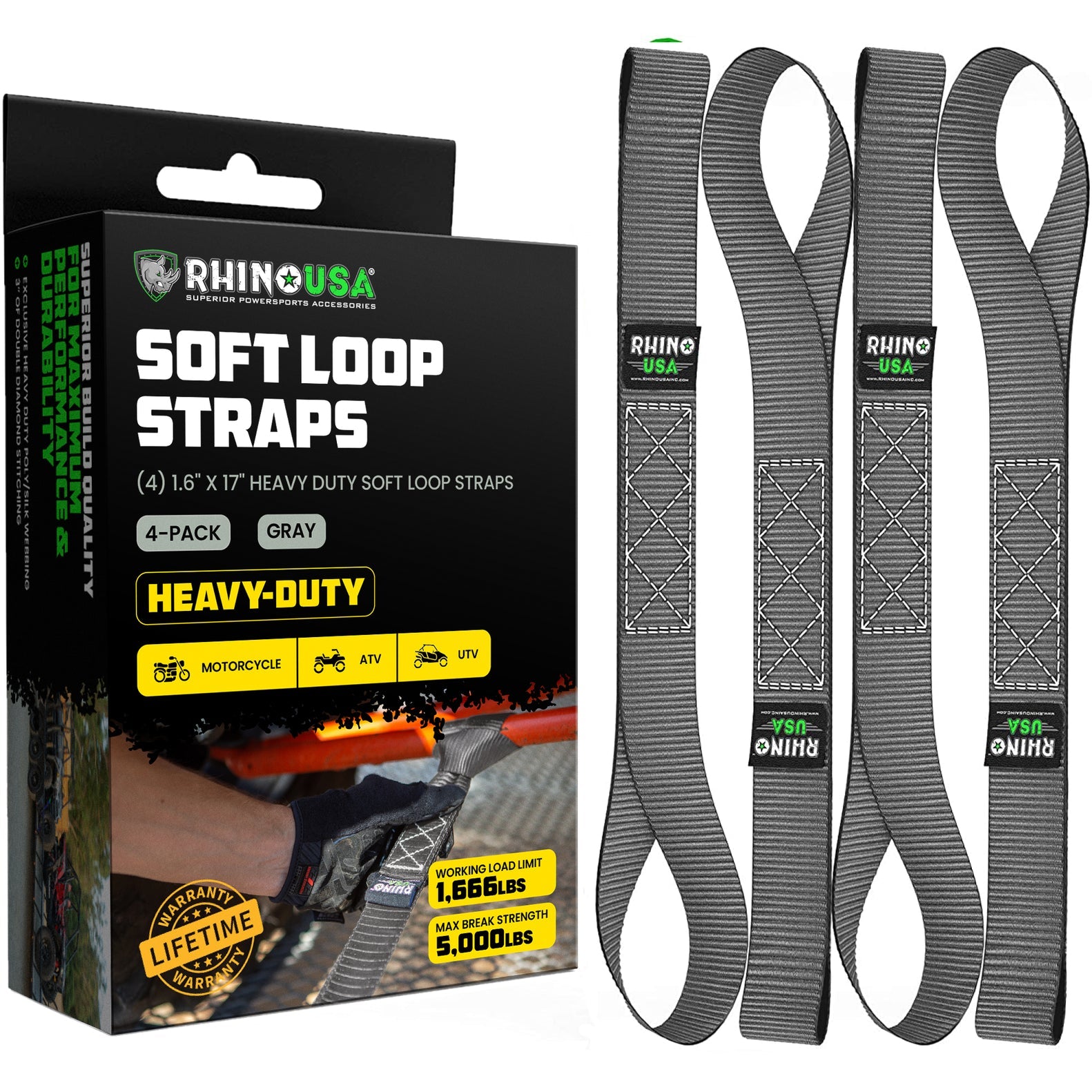 Rhino USA Soft Loops Motorcycle Tie-Down Set 4-Pack Gray | SOFT4PACK-GRY
