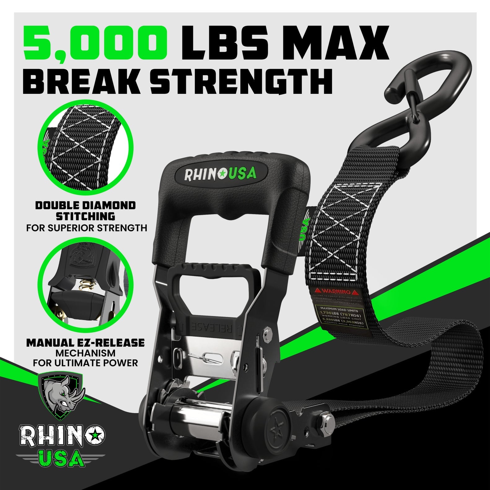 Rhino USA Heavy Duty Ratchet Tie-Downs 2-Pack (Black) 1.6In X 8Ft | GRLA-TDWN-SET