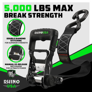 Rhino USA Heavy Duty Ratchet Tie-Downs 2-Pack (Black) 1.6In X 8Ft | GRLA-TDWN-SET