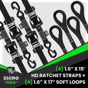 Rhino USA Self-Tensioning Ratchet Straps (4Pk 1.6Inx15Ft) (Black) | TD-RSST-16X15-4BLK