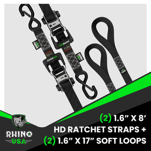 Rhino USA Heavy Duty Ratchet Tie-Downs 2-Pack (Black) 1.6In X 8Ft | GRLA-TDWN-SET
