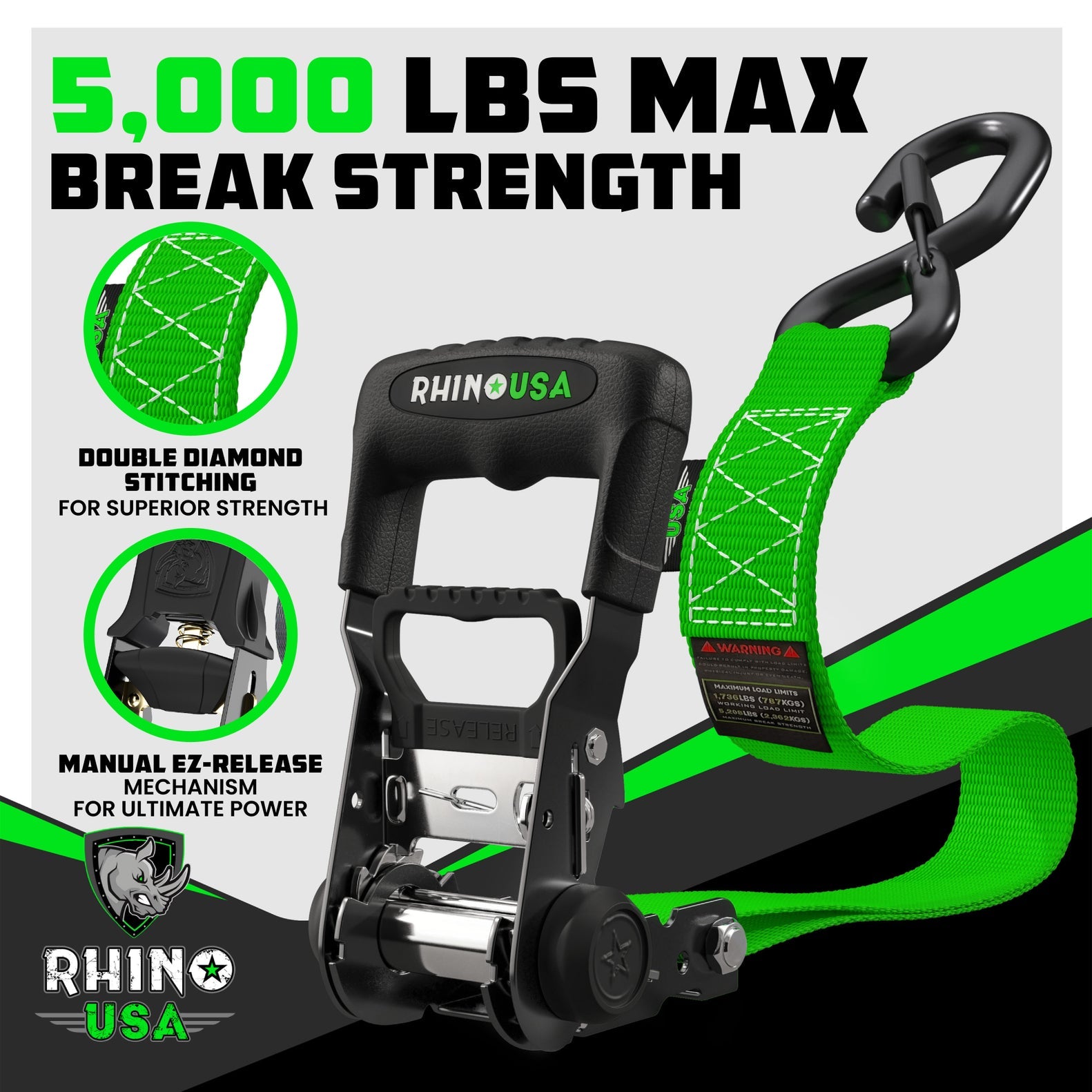 Rhino USA Heavy Duty Ratchet Tie-Downs 2-Pack (Green) 1.6In X 8Ft | HDKIT-2PK-GRN