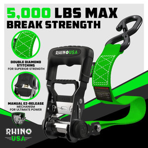 Rhino USA Heavy Duty Ratchet Tie-Downs 2-Pack (Green) 1.6In X 8Ft | HDKIT-2PK-GRN