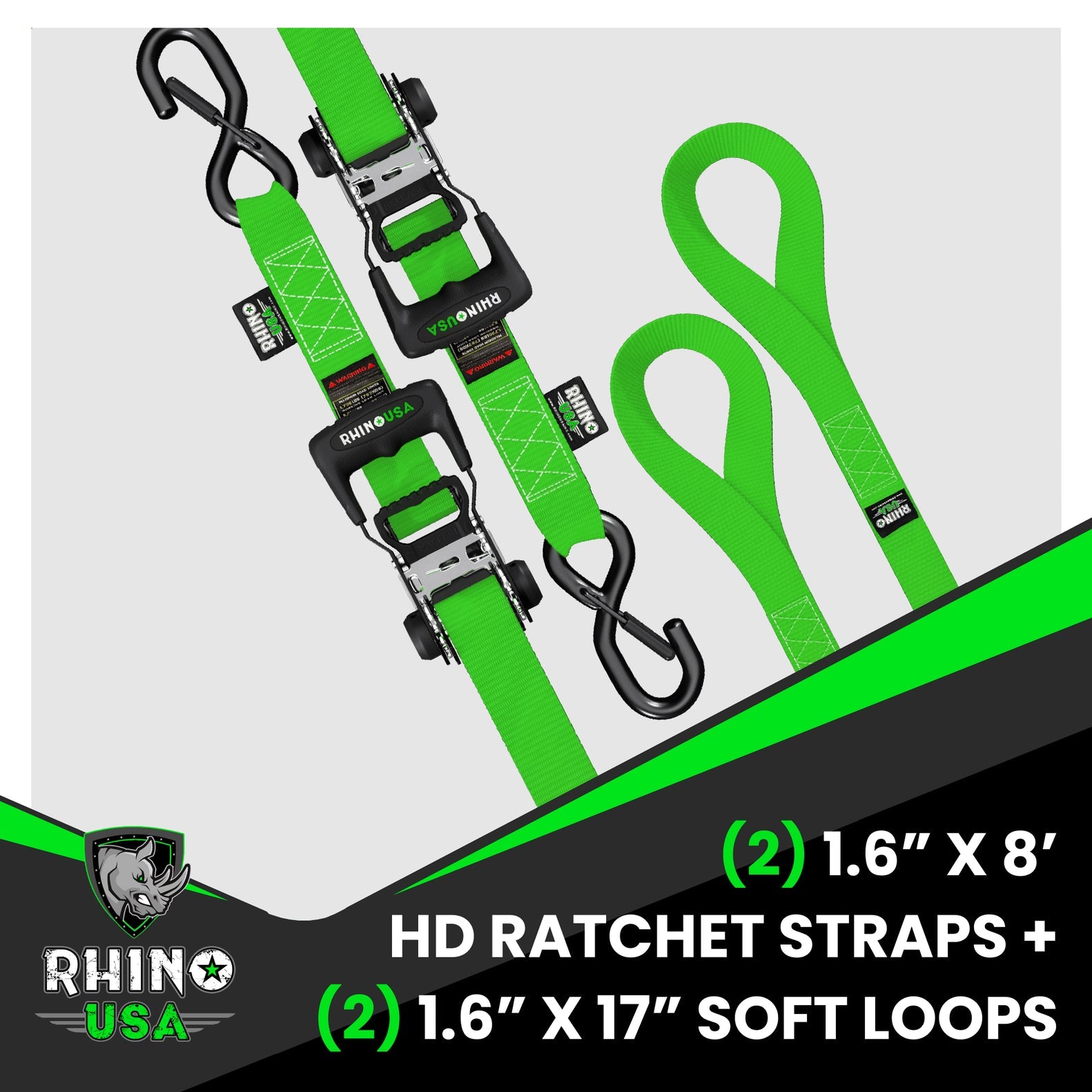 Rhino USA Heavy Duty Ratchet Tie-Downs 2-Pack (Green) 1.6In X 8Ft | HDKIT-2PK-GRN