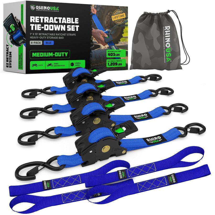 Rhino USA Retractable Ratchet Straps (4Pk 1Inx10Ft) (Blue) | TD-RSRE1X10-BLU-R