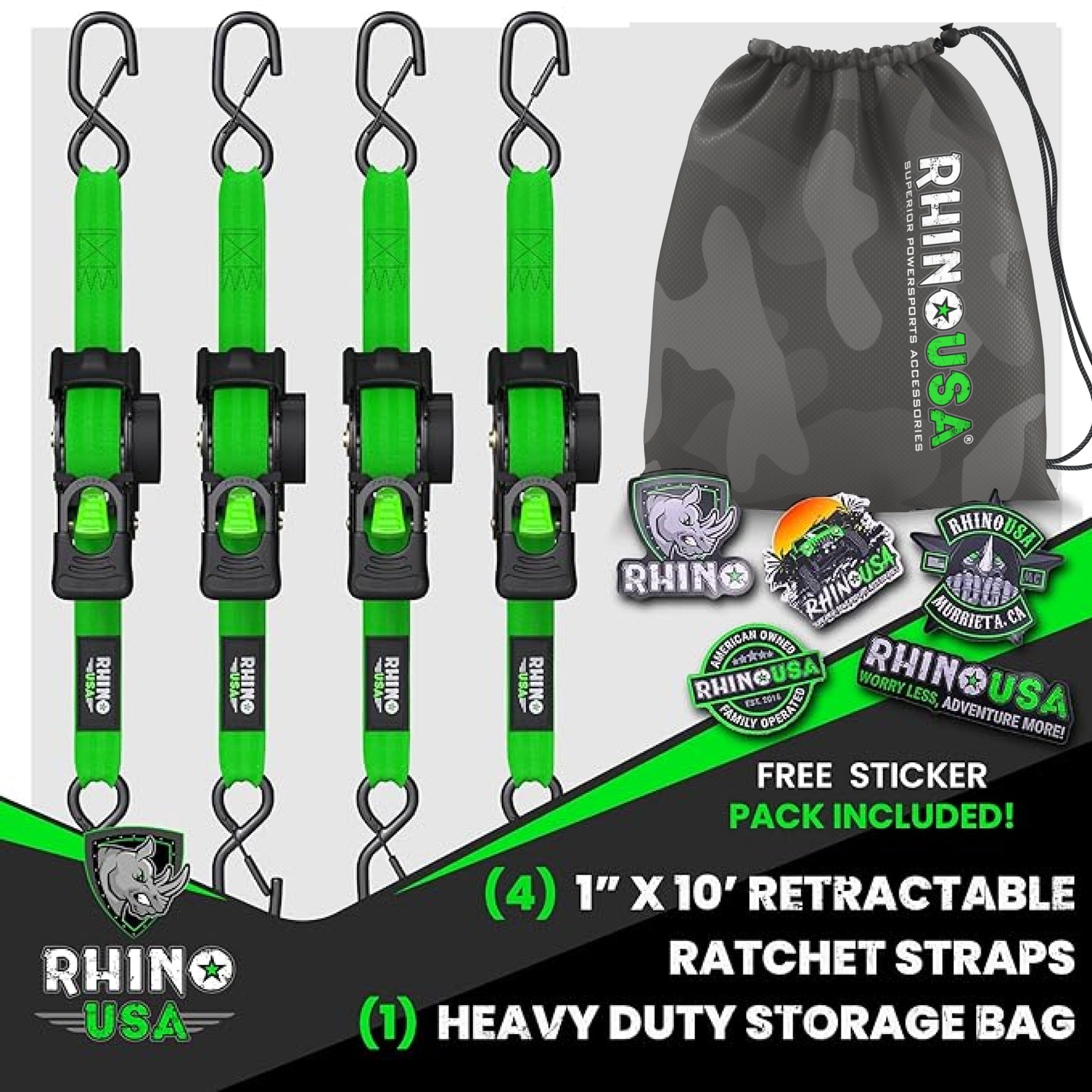 Rhino USA Retractable Ratchet Straps (4Pk 1Inx10Ft) (Green) | TD-RSRE1X10-GRN-R