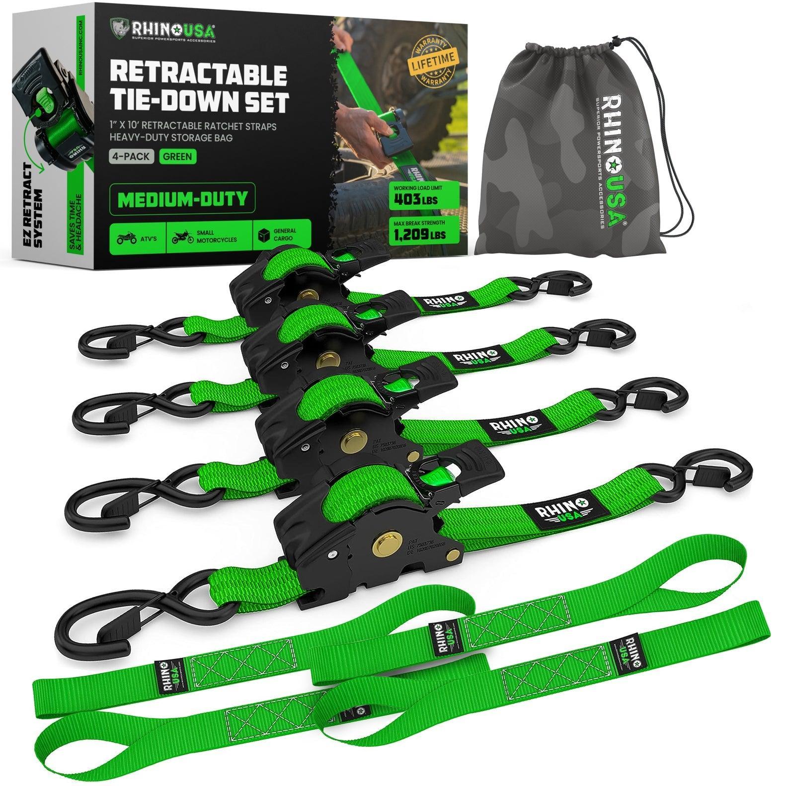 Rhino USA Retractable Ratchet Straps (4Pk 1Inx10Ft) (Green) | TD-RSRE1X10-GRN-R