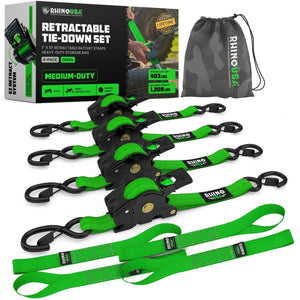 Rhino USA Retractable Ratchet Straps (4Pk 1Inx10Ft) (Green) | TD-RSRE1X10-GRN-R