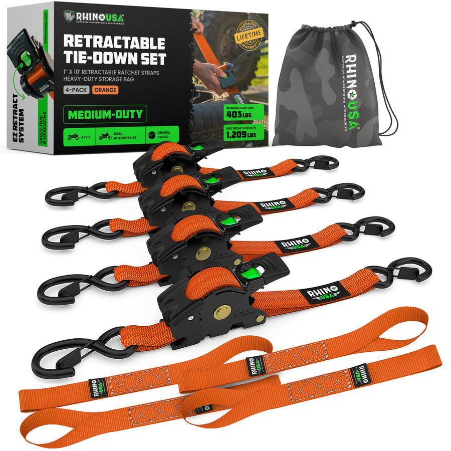 Rhino USA Retractable Ratchet Straps (4Pk 1Inx10Ft) (Orange) | TD-RSRE1X10-ORG-R