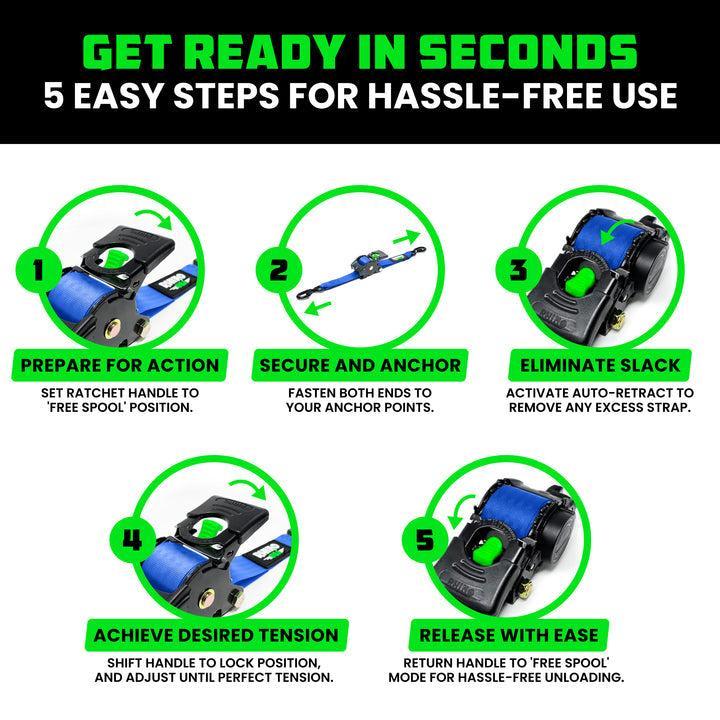 Rhino USA Retractable Ratchet Straps (4Pk 1Inx10Ft) (Blue) | TD-RSRE1X10-BLU-R