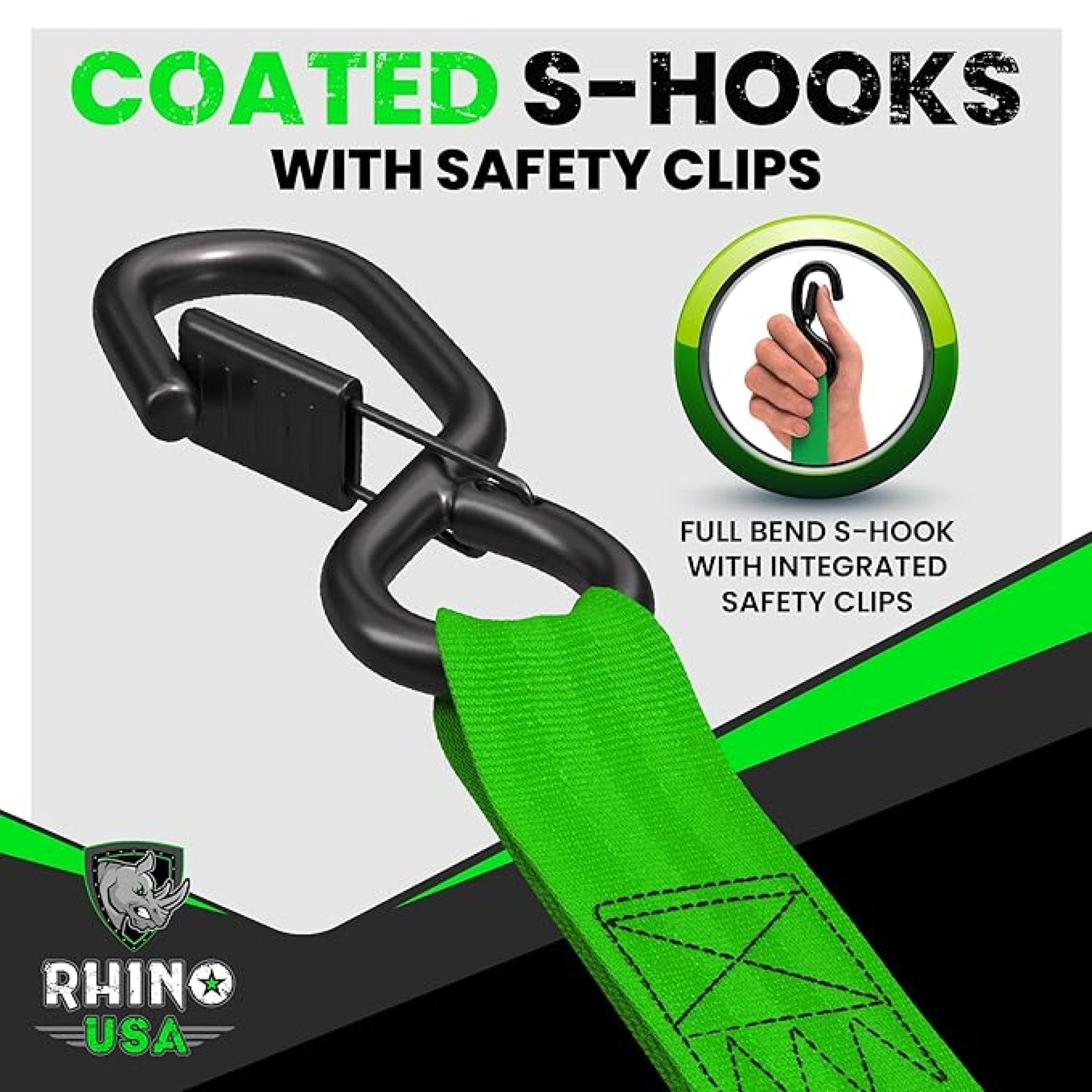 Rhino USA Retractable Ratchet Straps (4Pk 1Inx10Ft) (Green) | TD-RSRE1X10-GRN-R
