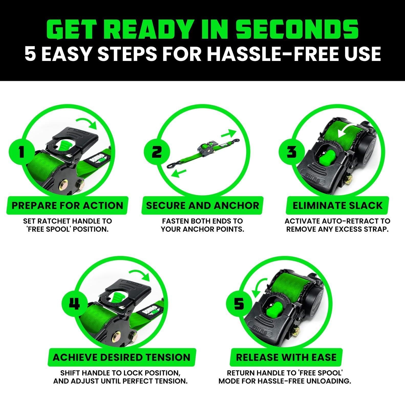 Rhino USA Retractable Ratchet Straps (4Pk 1Inx10Ft) (Green) | TD-RSRE1X10-GRN-R