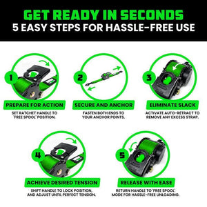 Rhino USA Retractable Ratchet Straps (2Pk 2Inx10Ft) (Green) | TD-RSRE2X10-GRN-R