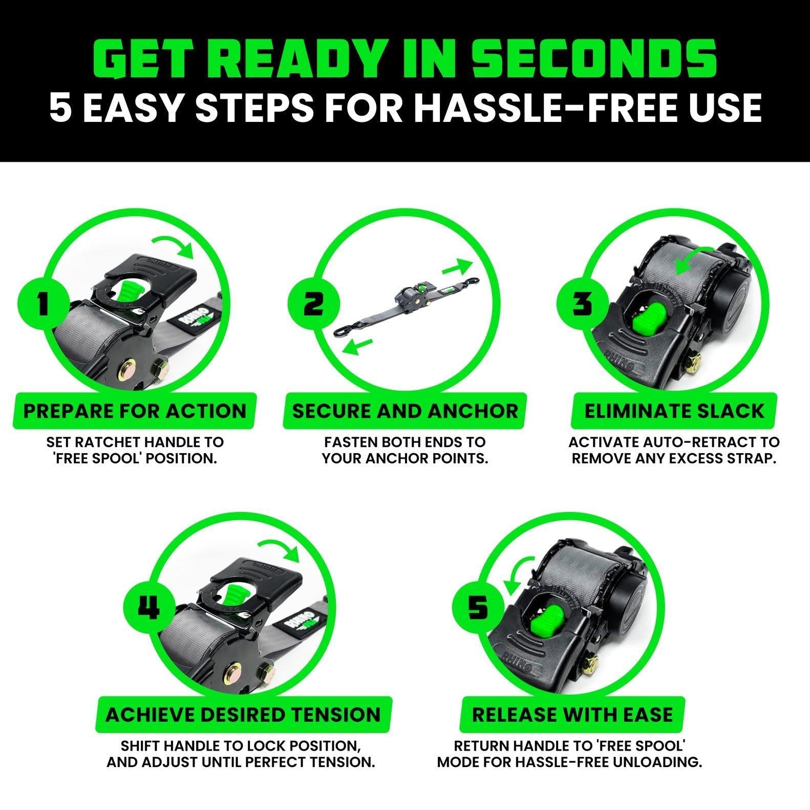 Rhino USA Retractable Ratchet Straps (2Pk 2Inx10Ft) (Gray) | TD-RSRE2X10-GRY-R
