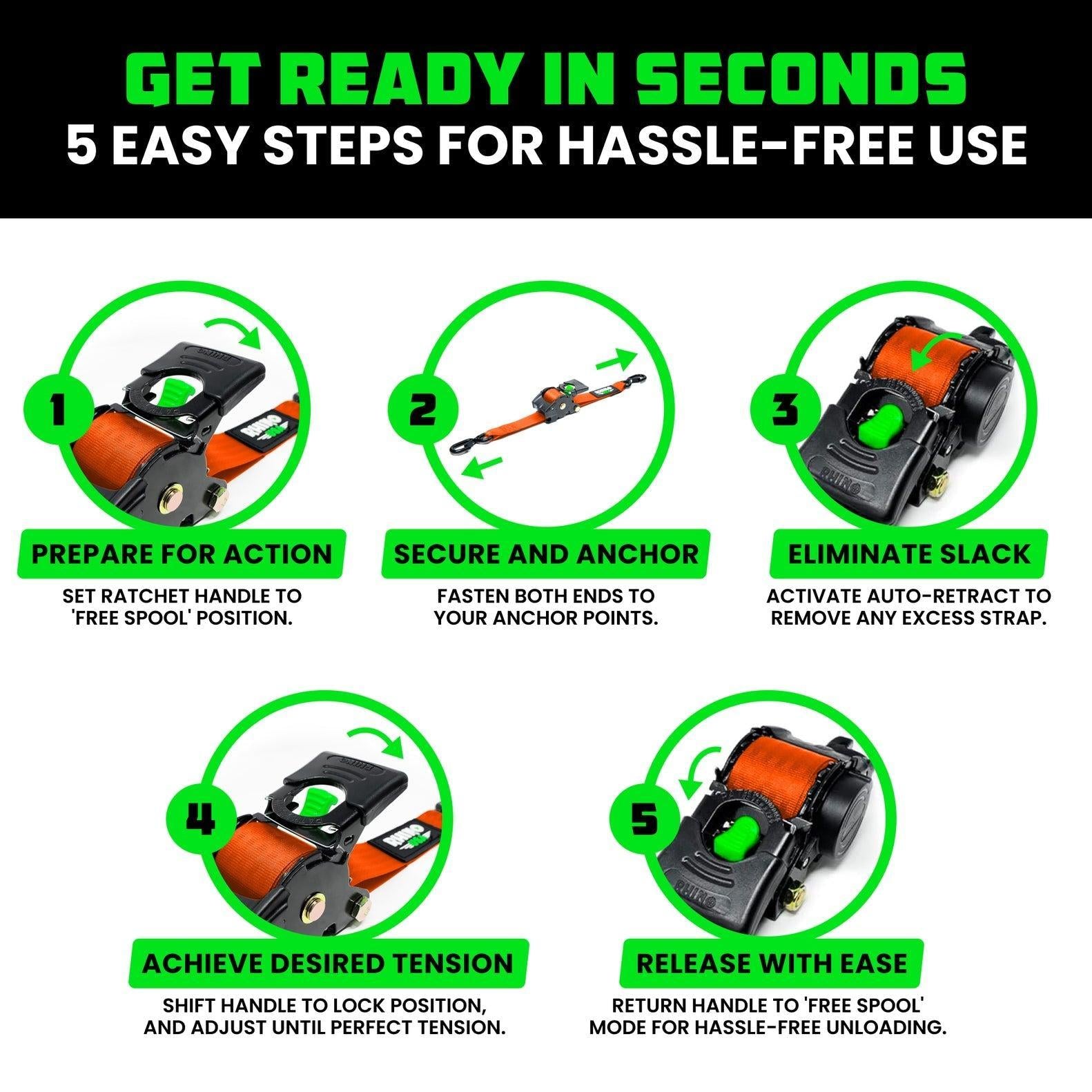 Rhino USA Retractable Ratchet Straps (2Pk 2Inx10Ft) (Orange) | TD-RSRE2X10-ORG-R