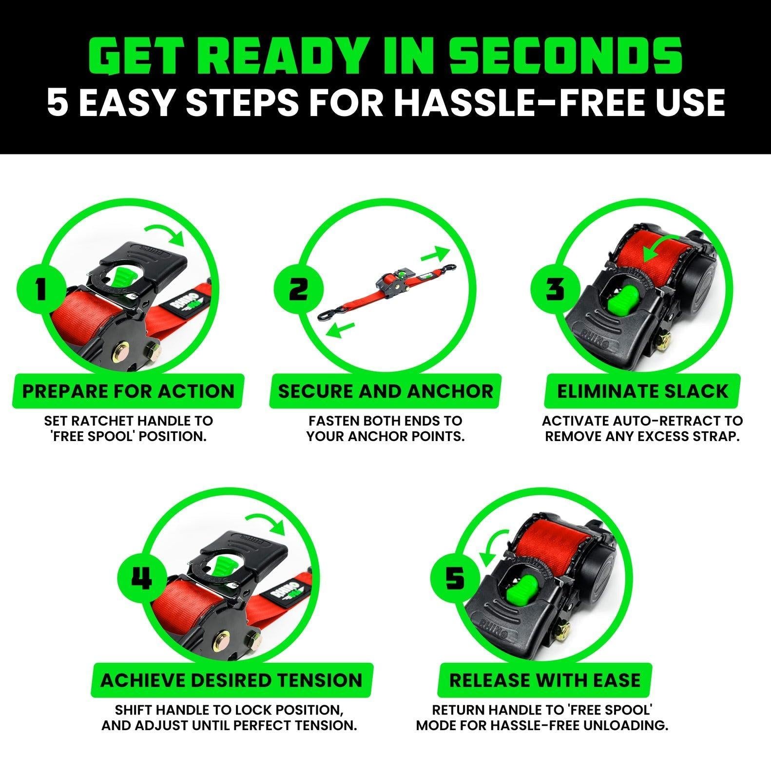 Rhino USA Retractable Ratchet Straps (2Pk 2Inx10Ft) (Red) | TD-RSRE2X10-RED-R