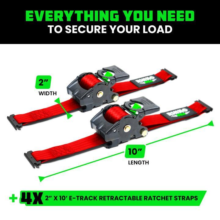 Rhino USA Retractable E-Track Ratchet Straps (4 Pack, 2Inx10Ft) (Red) | TD-RSRE2X10-ETRK-4RED