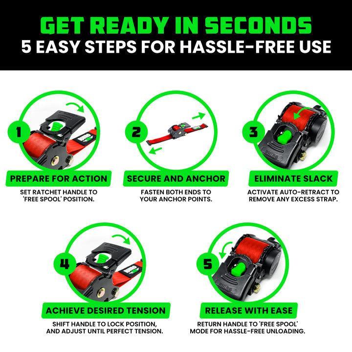 Rhino USA Retractable E-Track Ratchet Straps (4 Pack, 2Inx10Ft) (Red) | TD-RSRE2X10-ETRK-4RED
