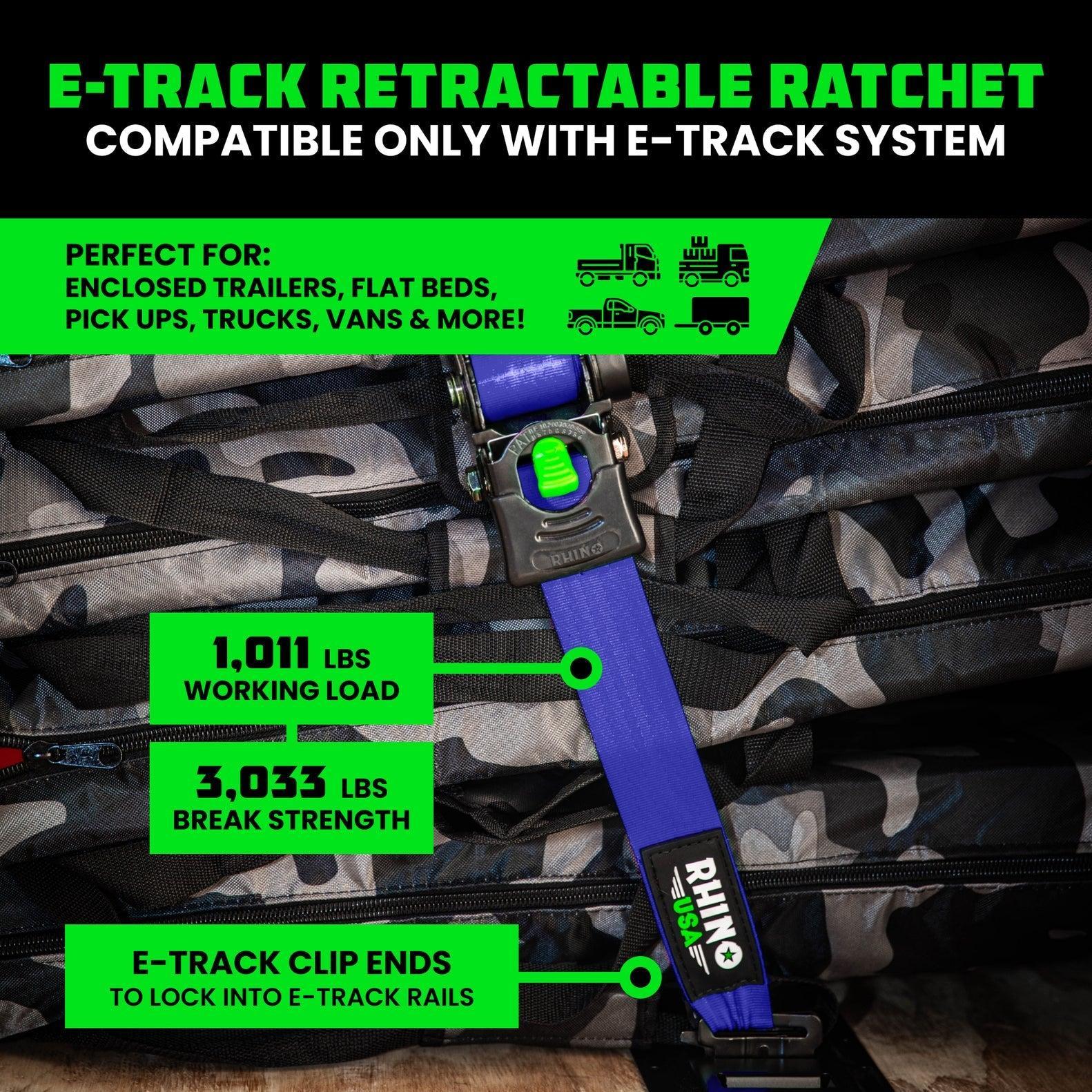 Rhino USA Retractable E-Track Ratchet Straps (2 Pack, 2Inx10Ft) (Blue) | TD-RSRE2X10-ETRK-BLU