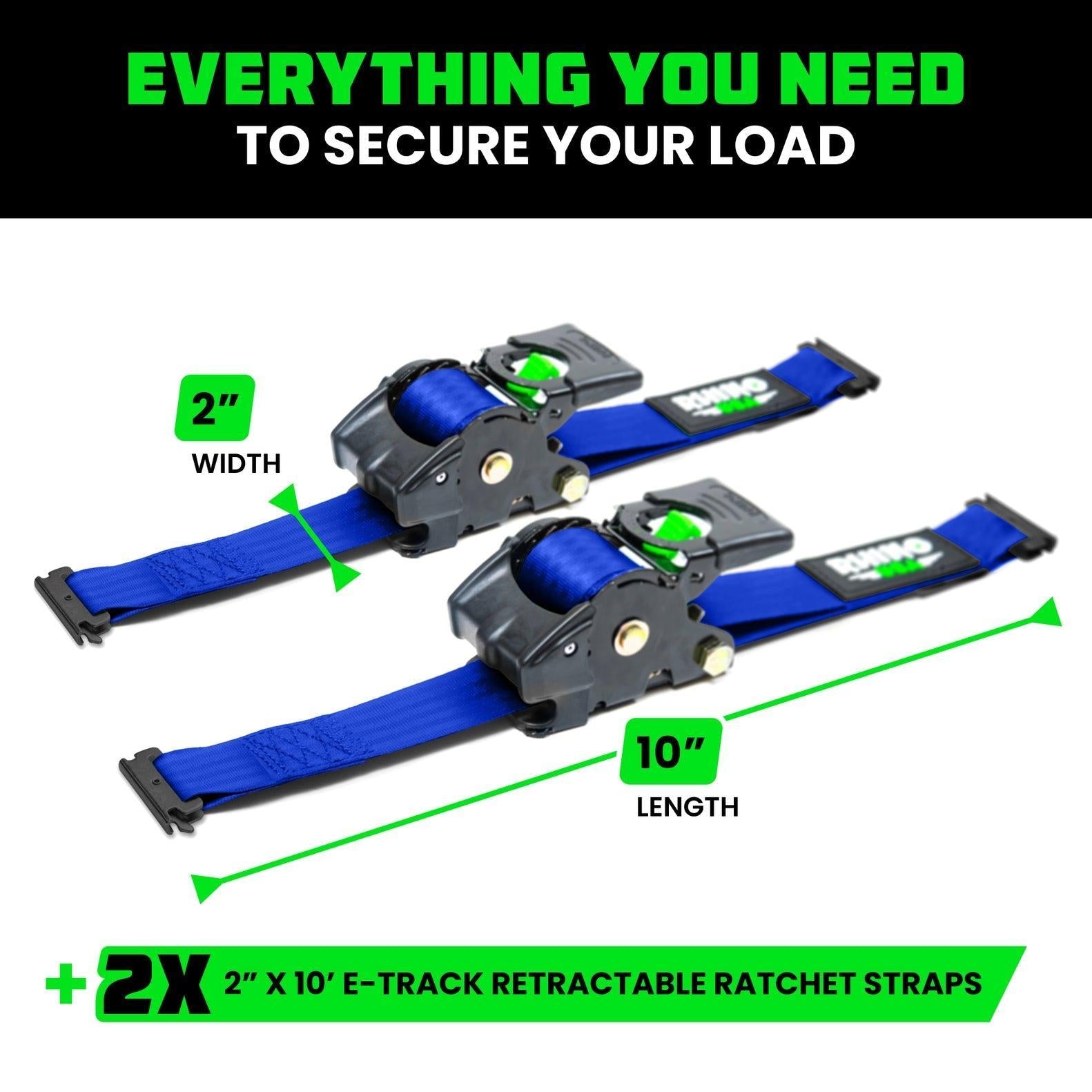 Rhino USA Retractable E-Track Ratchet Straps (2 Pack, 2Inx10Ft) (Blue) | TD-RSRE2X10-ETRK-BLU