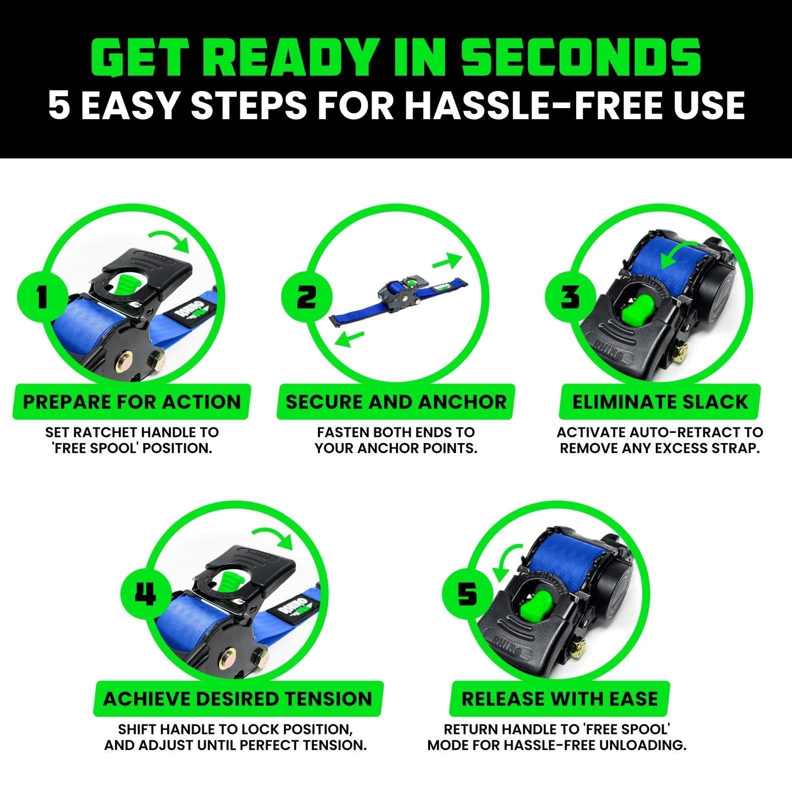 Rhino USA Retractable E-Track Ratchet Straps (2 Pack, 2Inx10Ft) (Blue) | TD-RSRE2X10-ETRK-BLU