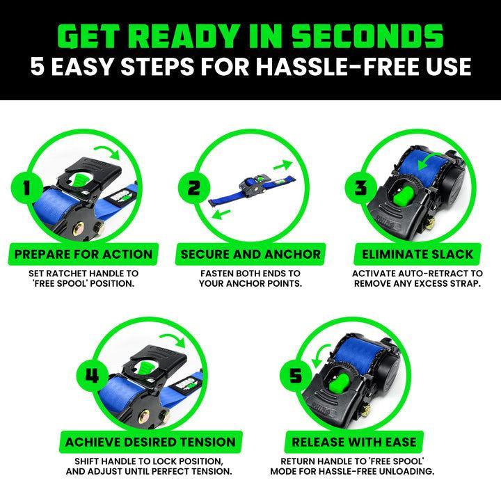 Rhino USA Retractable Ratchet Straps (2Pk 2Inx10Ft) (Blue) | TD-RSRE2X10-BLU-R