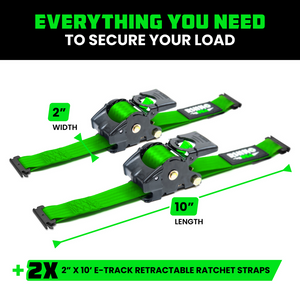 Rhino USA Retractable E-Track Ratchet Straps (2 Pack, 2Inx10Ft) (Green) | TD-RSRE2X10-ETRK-GRN
