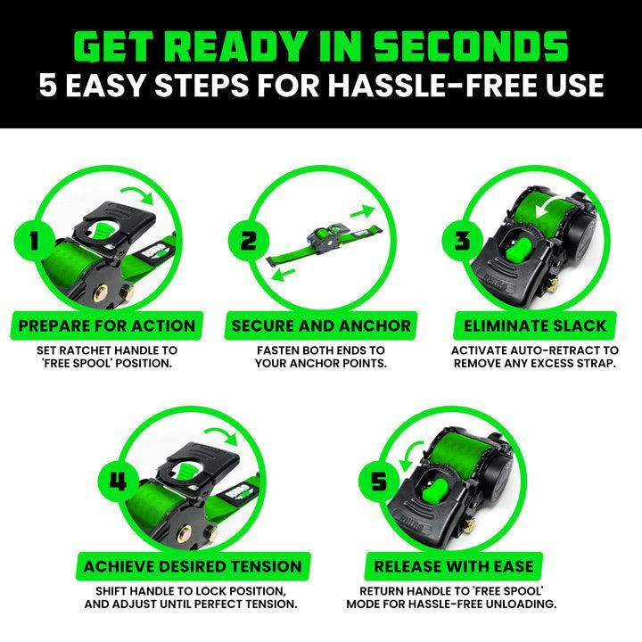 Rhino USA Retractable E-Track Ratchet Straps (2 Pack, 2Inx10Ft) (Green) | TD-RSRE2X10-ETRK-GRN