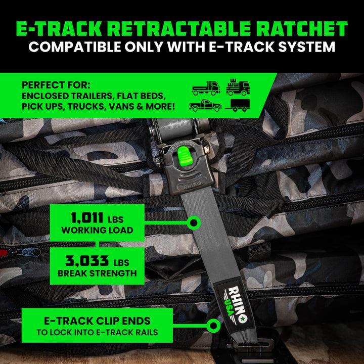 Rhino USA Retractable E-Track Ratchet Straps (2 Pack, 2Inx10Ft) (Gray) | TD-RSRE2X10-ETRK-GRY
