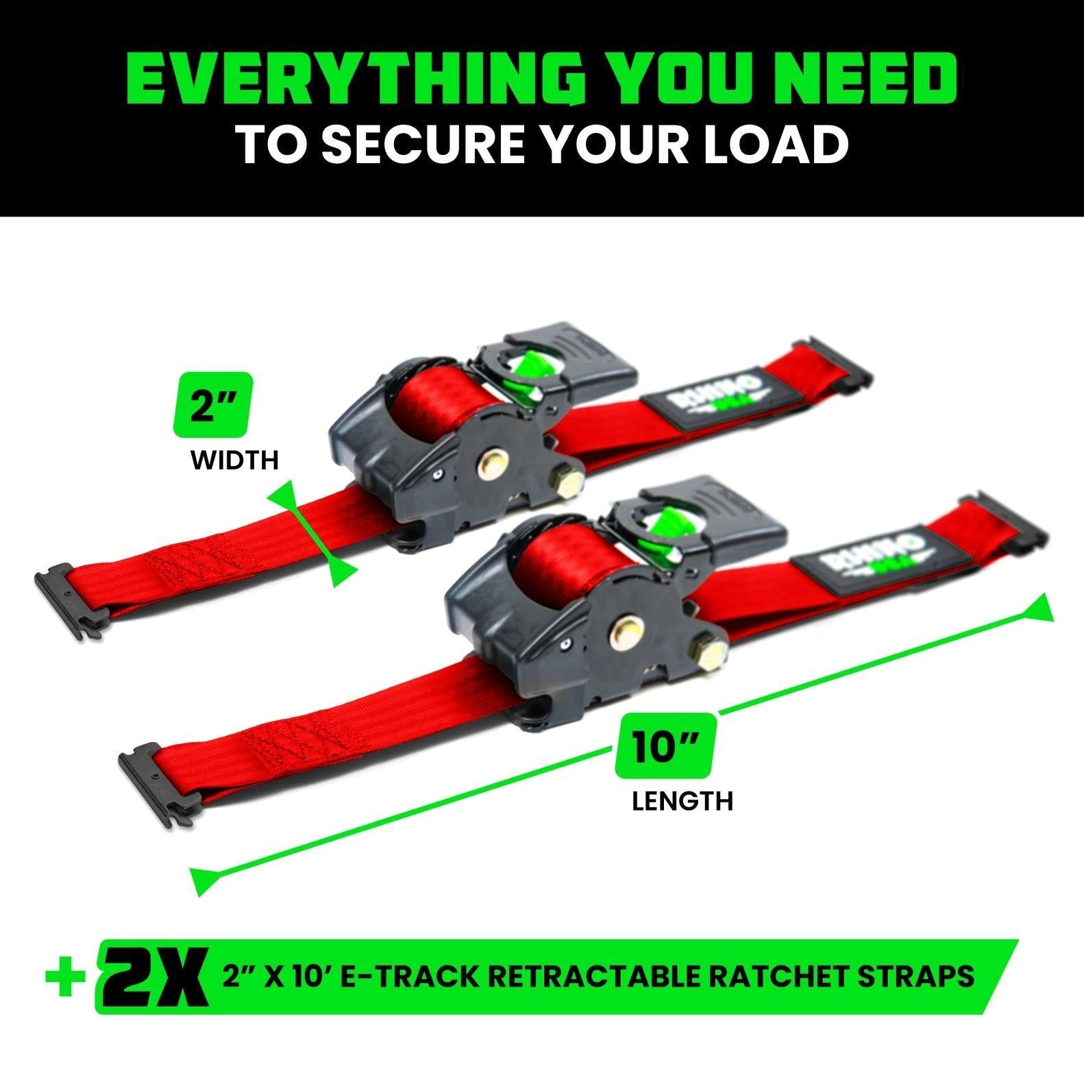 Rhino USA Retractable E-Track Ratchet Straps (2 Pack, 2Inx10Ft) (Red) | TD-RSRE2X10-ETRK-RED